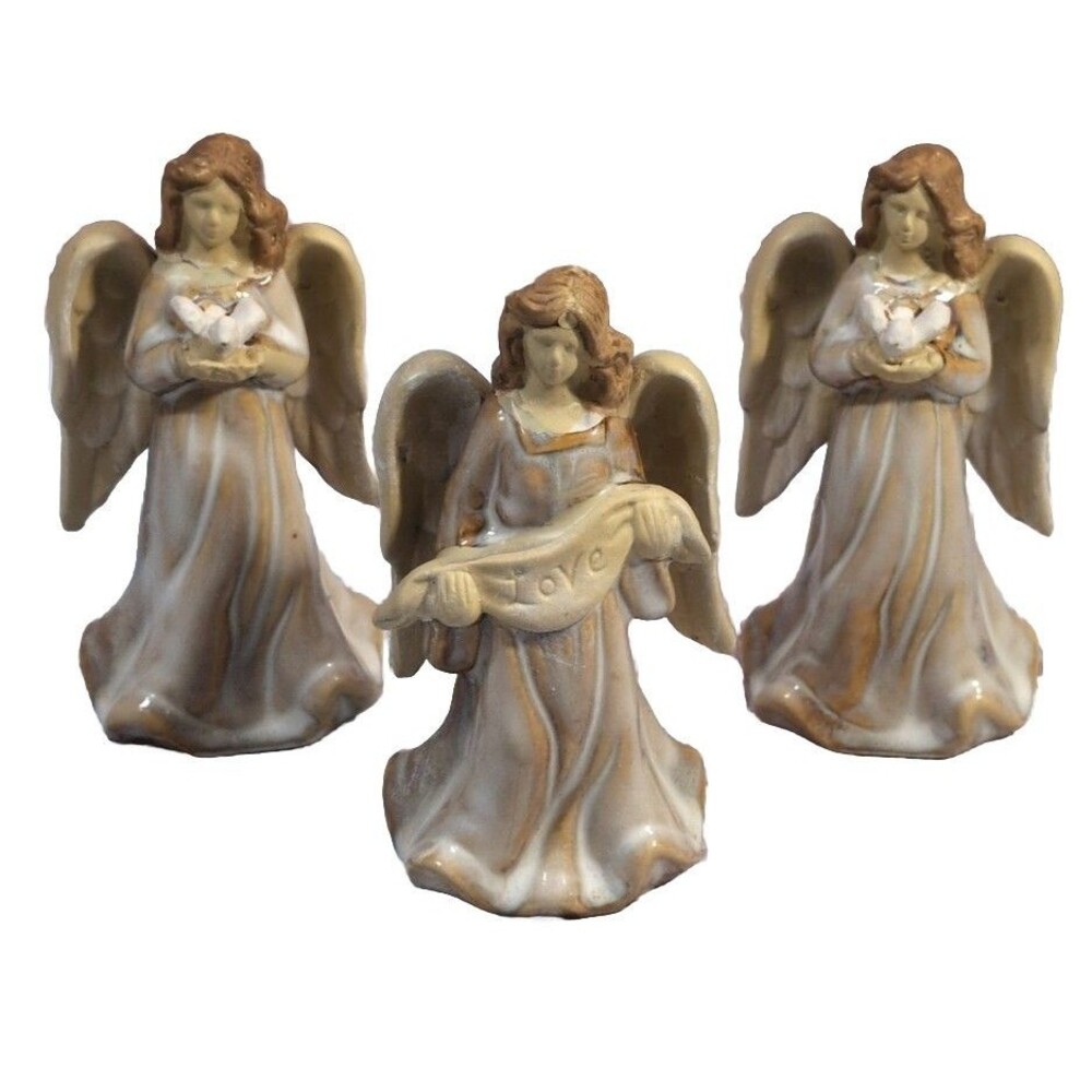 3 Angels With Wings Figurines Holding Love Doves Statue Ceramic Decor 4.5"
